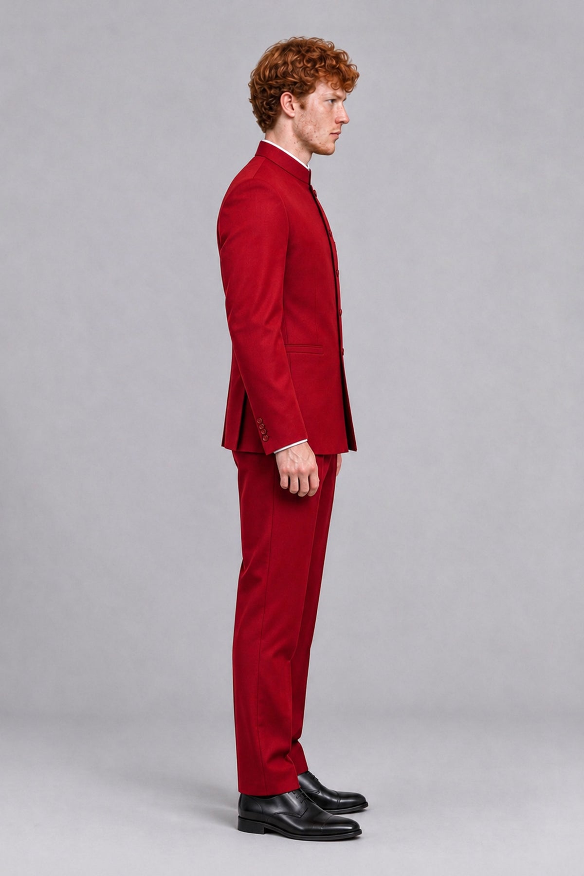 BOLODOO Men's Red Mandarin Collar Two-Piece Suit - Red - Red_4