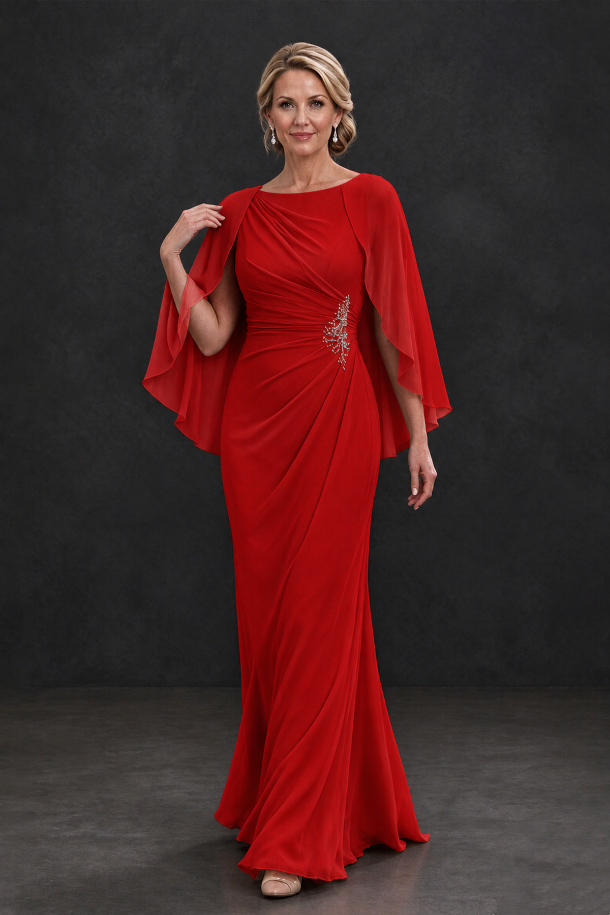 BOLODOO Red Cape Sleeve Mother of the Bride Dress with Ruched Waist - Red - Red_4