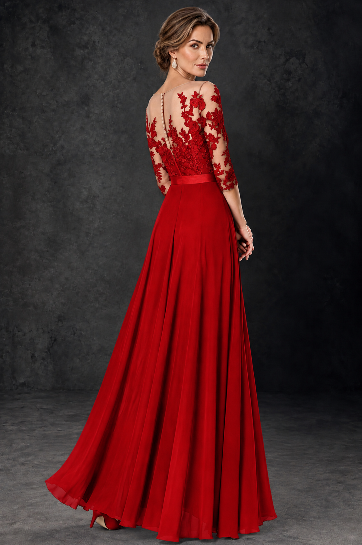 BOLODOO Red Lace Wide-Leg Jumpsuit with Three-Quarter Sleeves - Red - Red_4