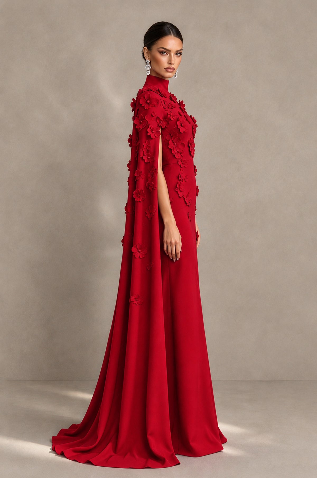 BOLODOO Red 3D Floral Applique Cape Formal Dress - Red - Red_4