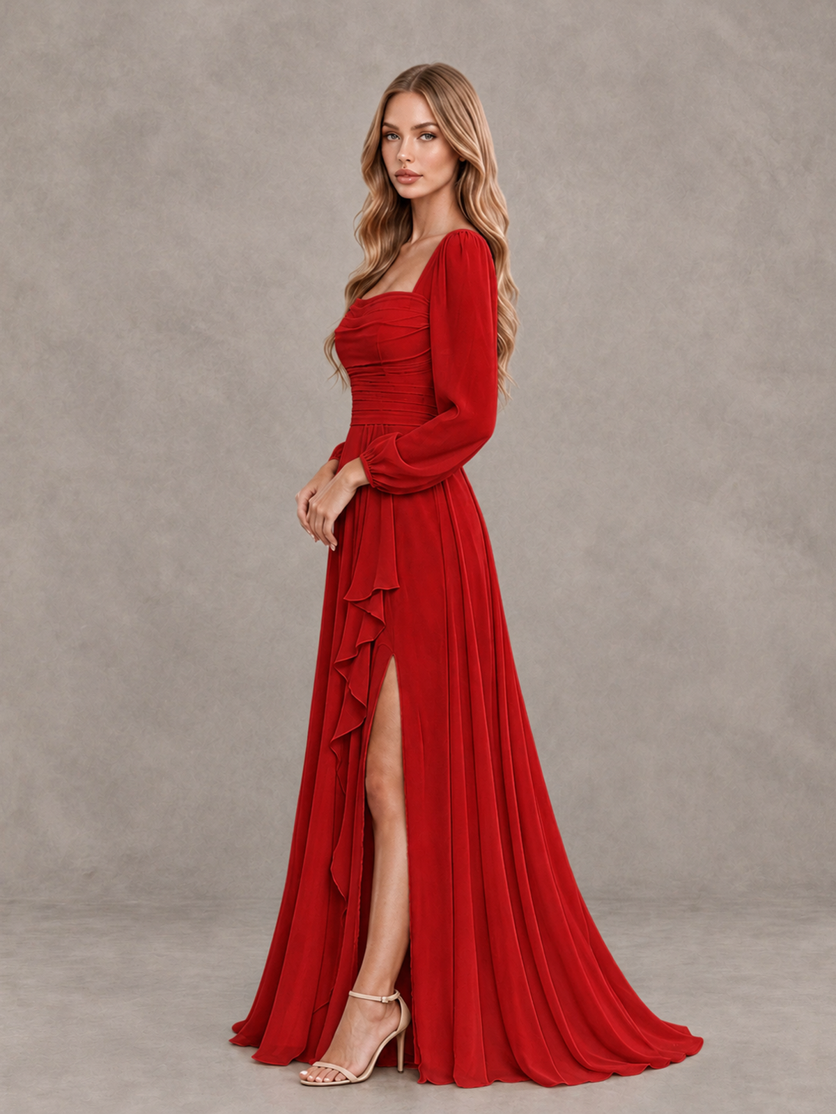 BOLODOO Red Square Neck Long Sleeve Bridesmaid Dress with Ruffle Slit - Red - Red_4