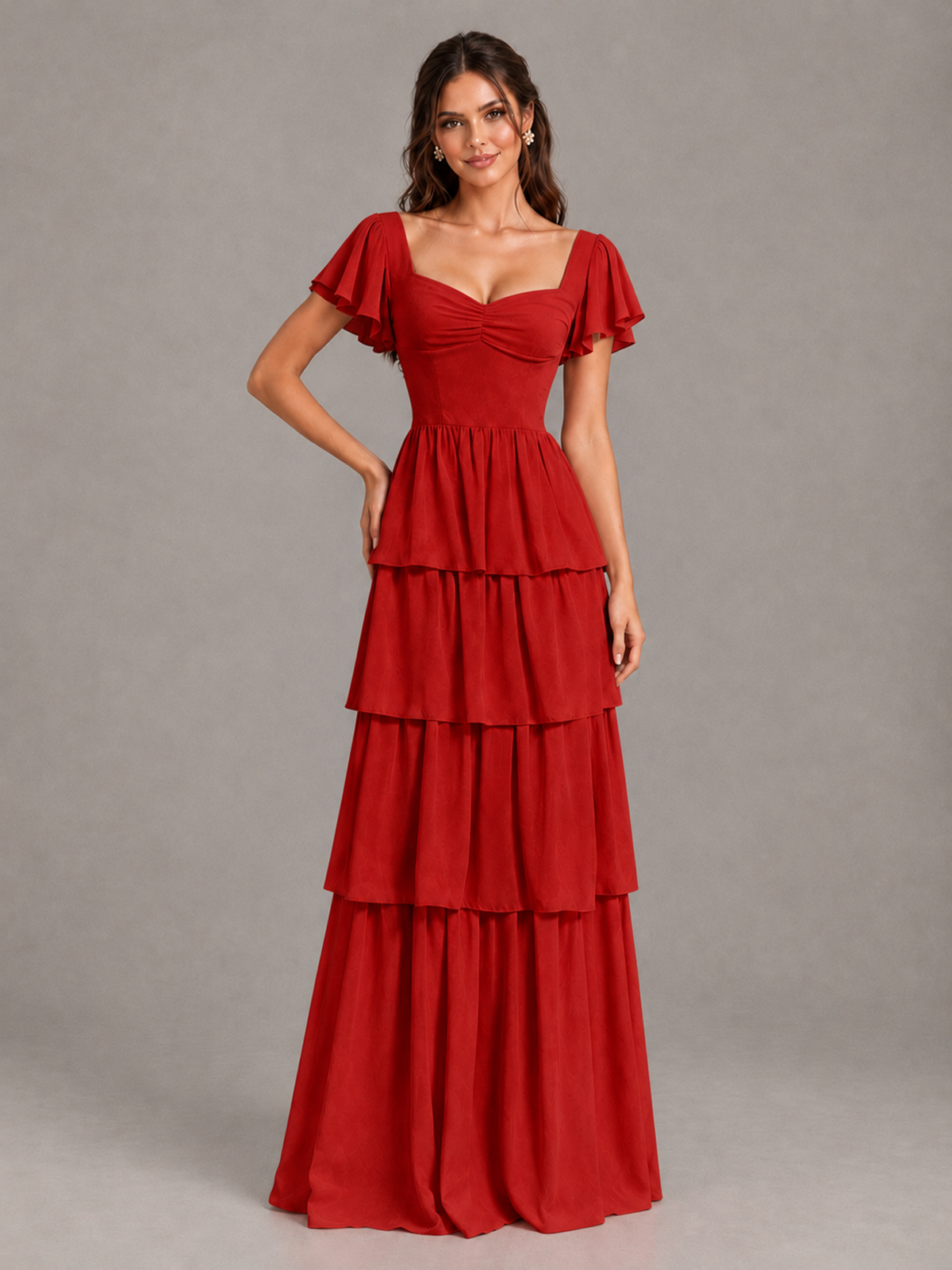 BOLODOO Red Flutter Sleeve Tiered Maxi Bridesmaid Dress - Red - Red_4