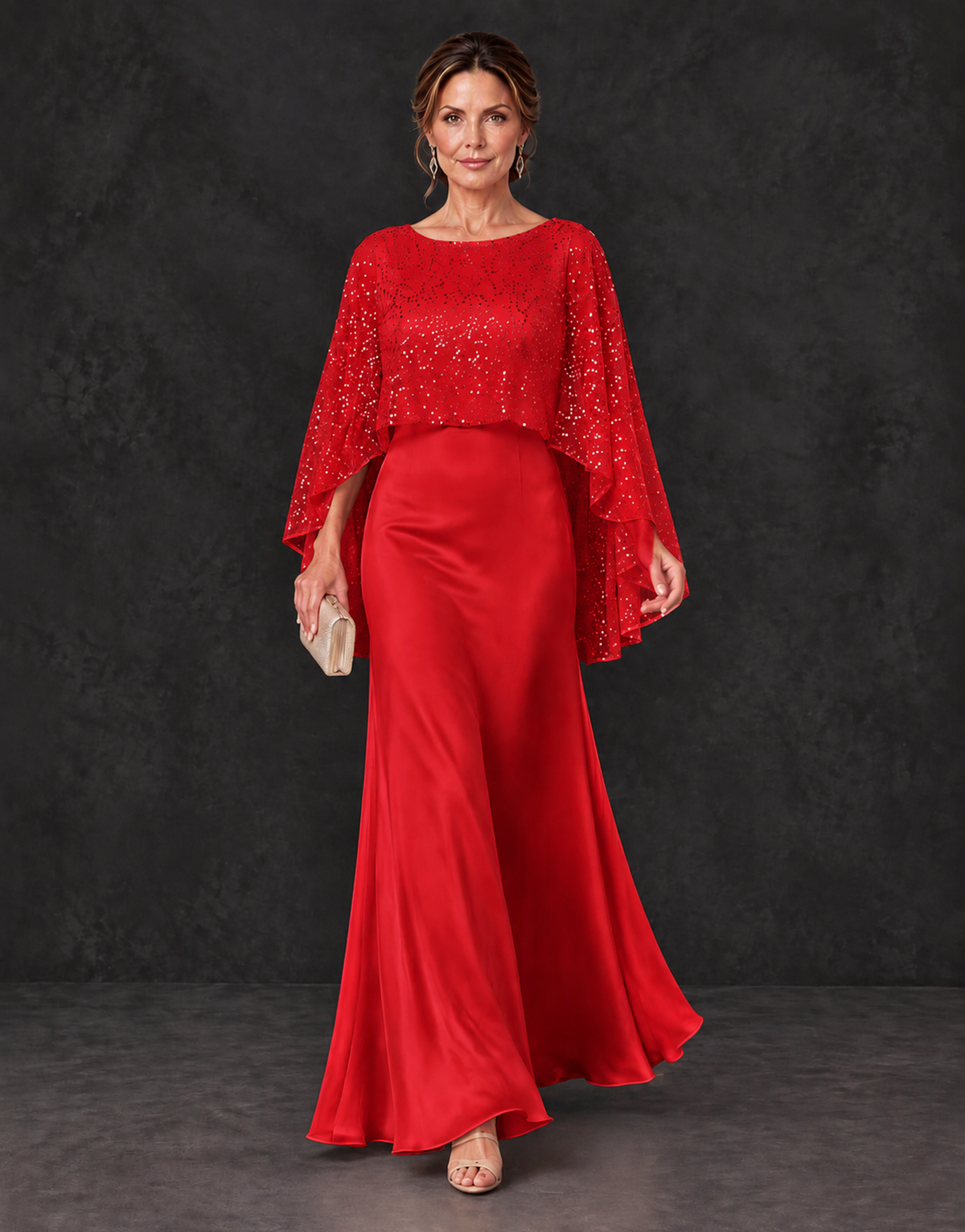 BOLODOO Red Sparkle Cape Sleeve Mother of the Bride Dress - Red - Red_4
