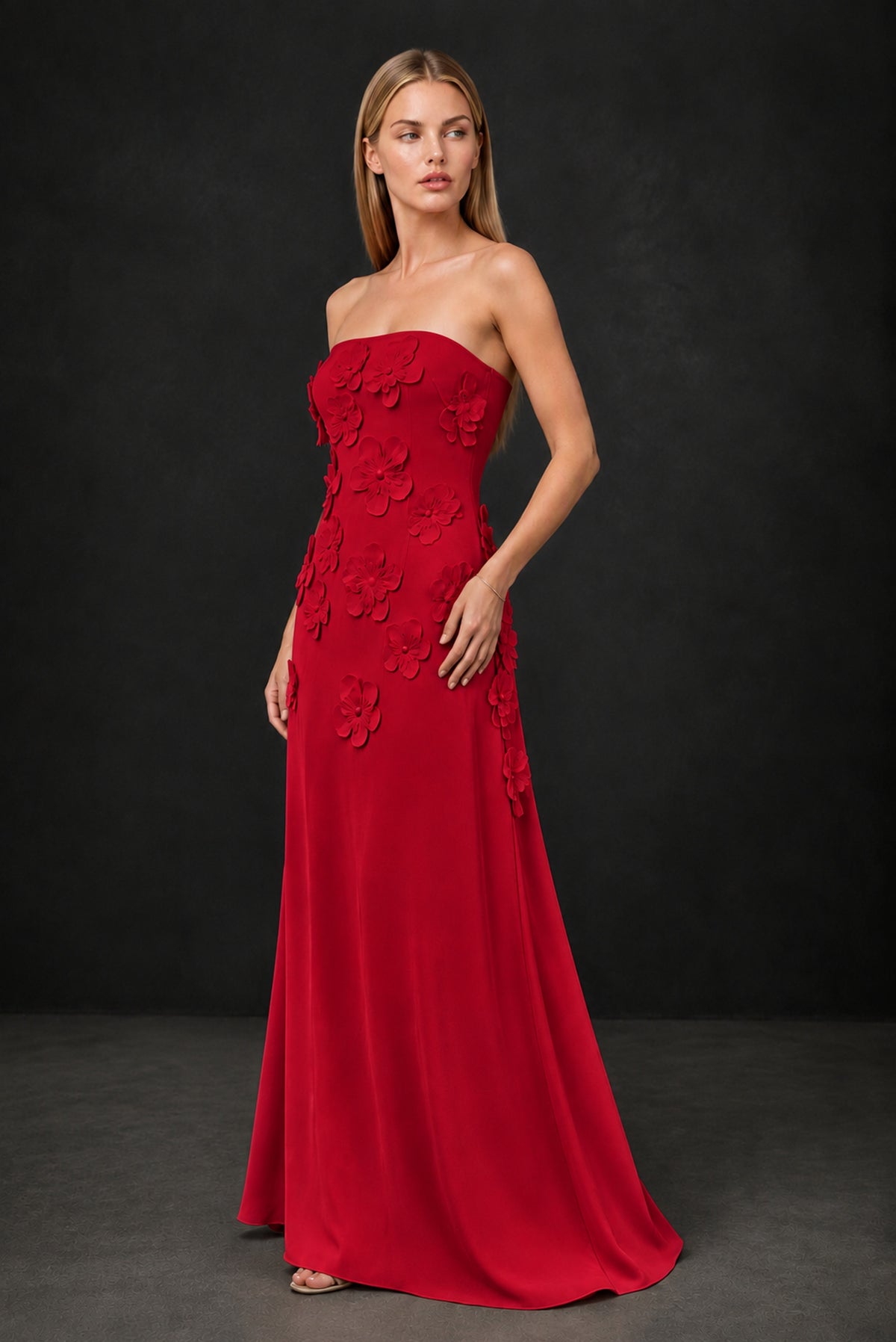 BOLODOO Red Strapless 3D Floral Appliqué Crepe Maxi Gown - Red