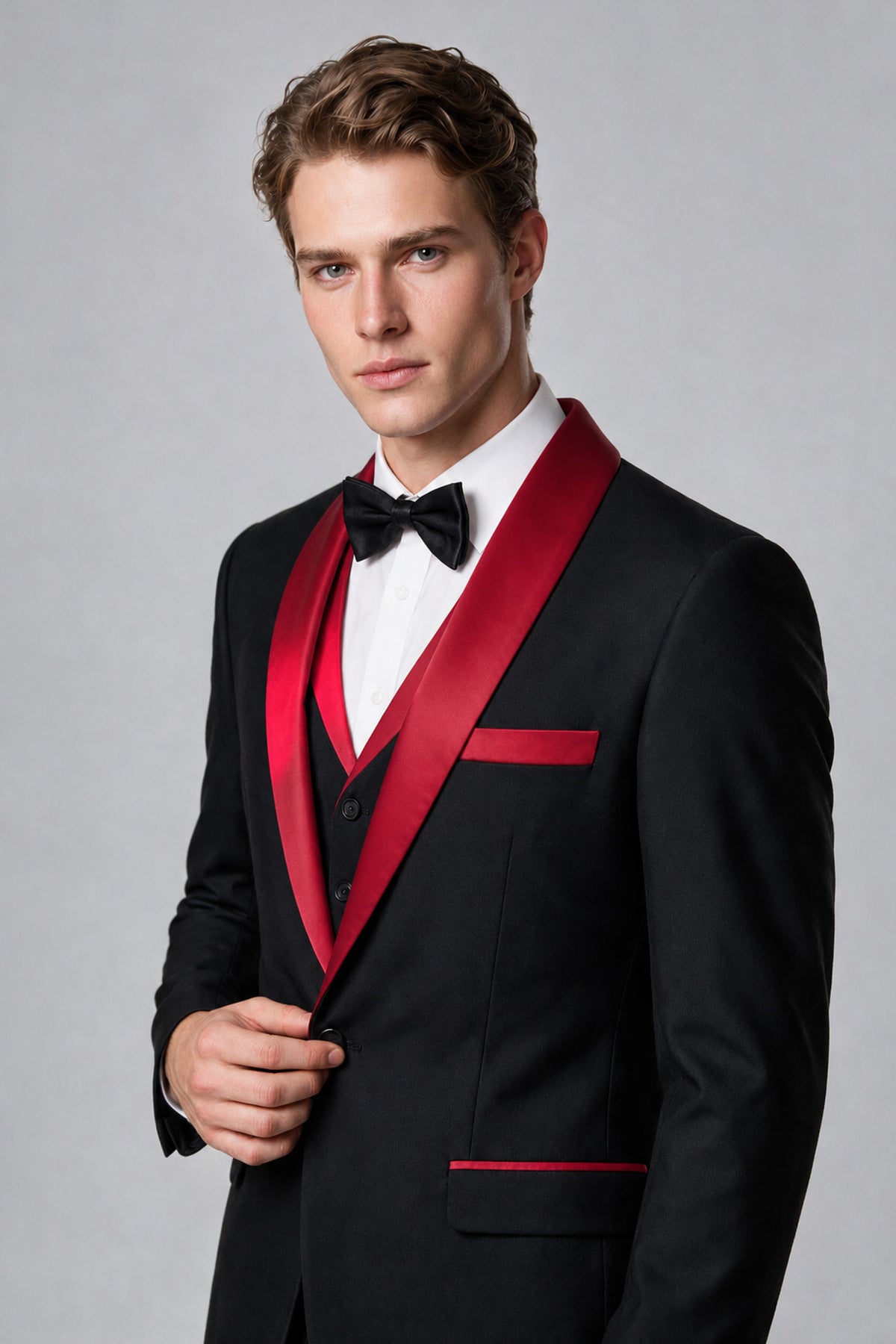 Bolodoo Men's Red 3-Piece Shawl Lapel Tuxedo Suit - Red - Red_4