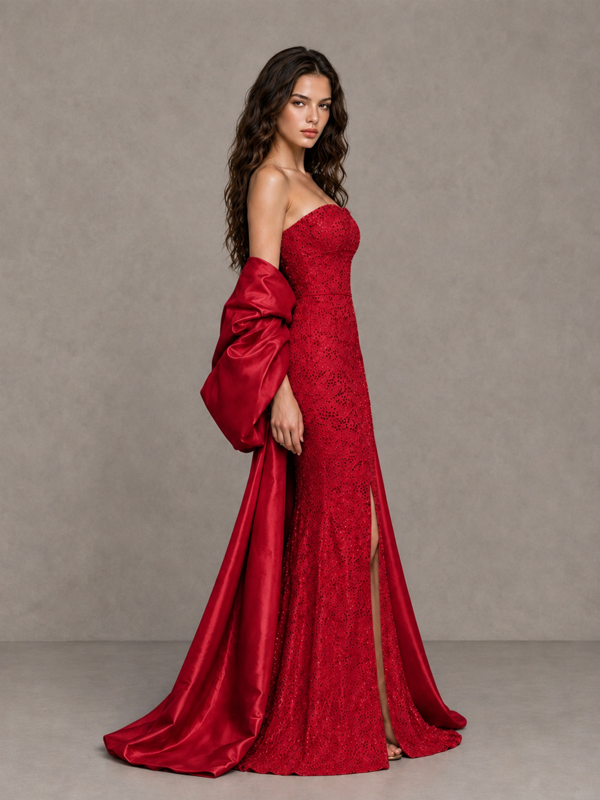BOLODOO Red Strapless Sparkle Mermaid Prom Dress with Front Slit and Draped Sleeves - Red - Red_4