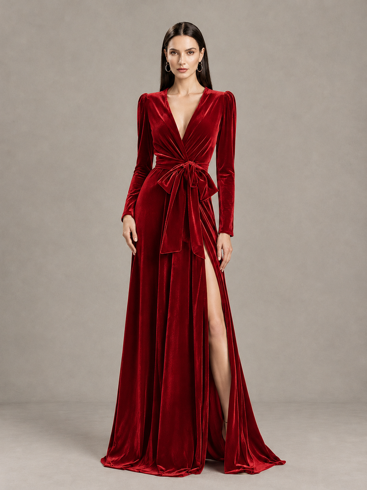 BOLODOO Red Long Sleeve Velvet-Look Evening Dress with High Slit - Red - Red_4