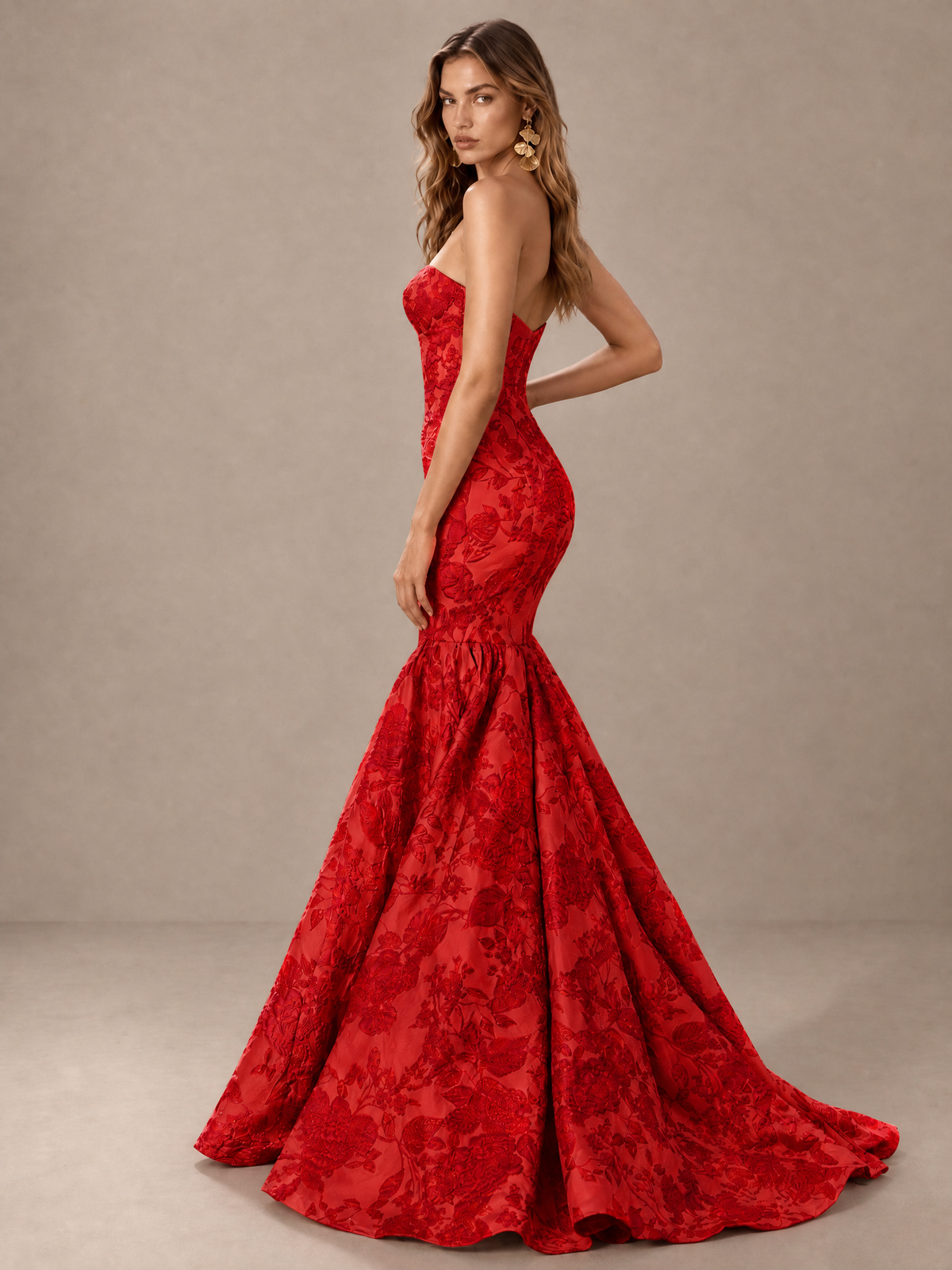 BOLODOO Red Floral Strapless Mermaid Prom Dress with Train - Red - Red_4