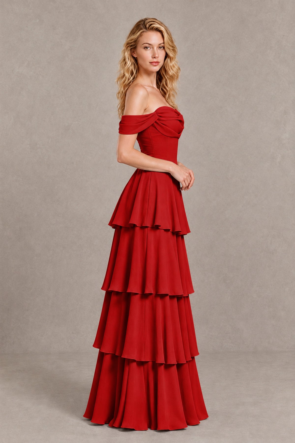 BOLODOO Red Off-the-Shoulder Tiered A-Line Evening Bridesmaid Dress - Red - Red_4