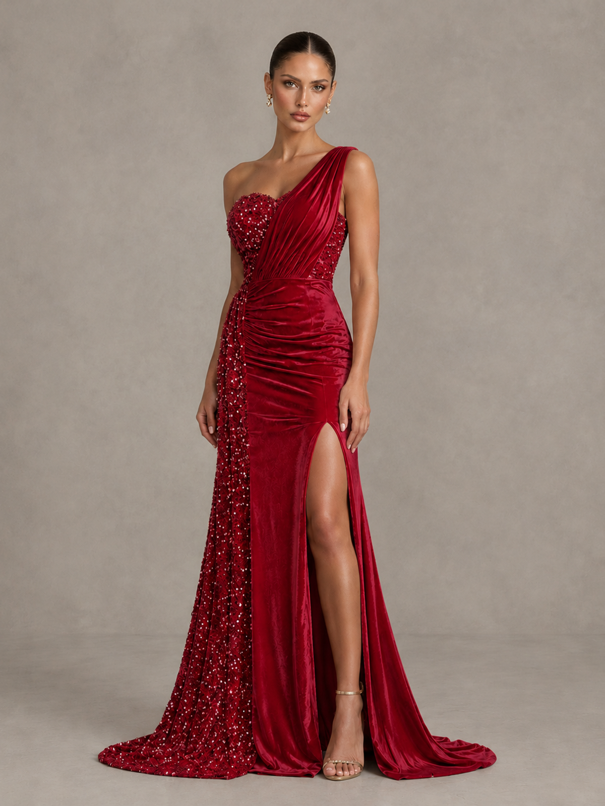 BOLODOO Red One-Shoulder Satin Sequin Gown with High Slit - Red - Red_4