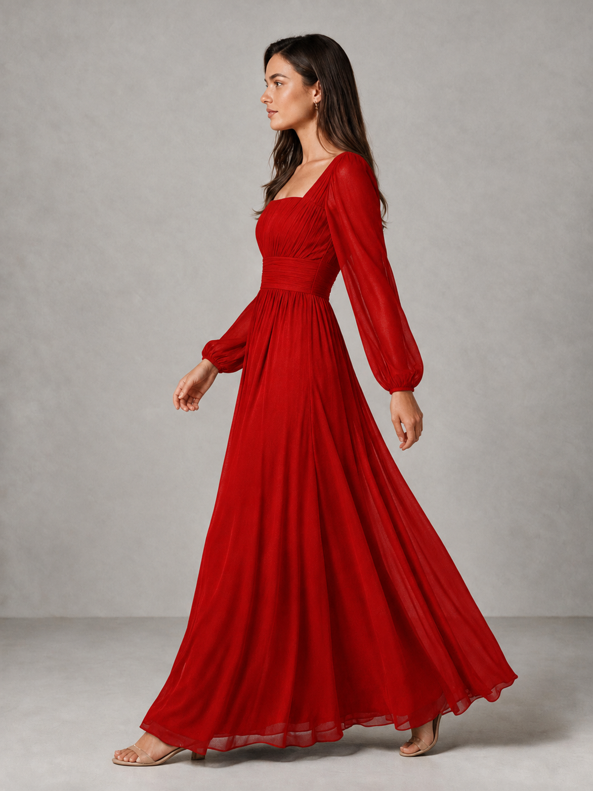 BOLODOO Red Square Neck Long Sleeve Chiffon Bridesmaid Dress - Red - Red_4