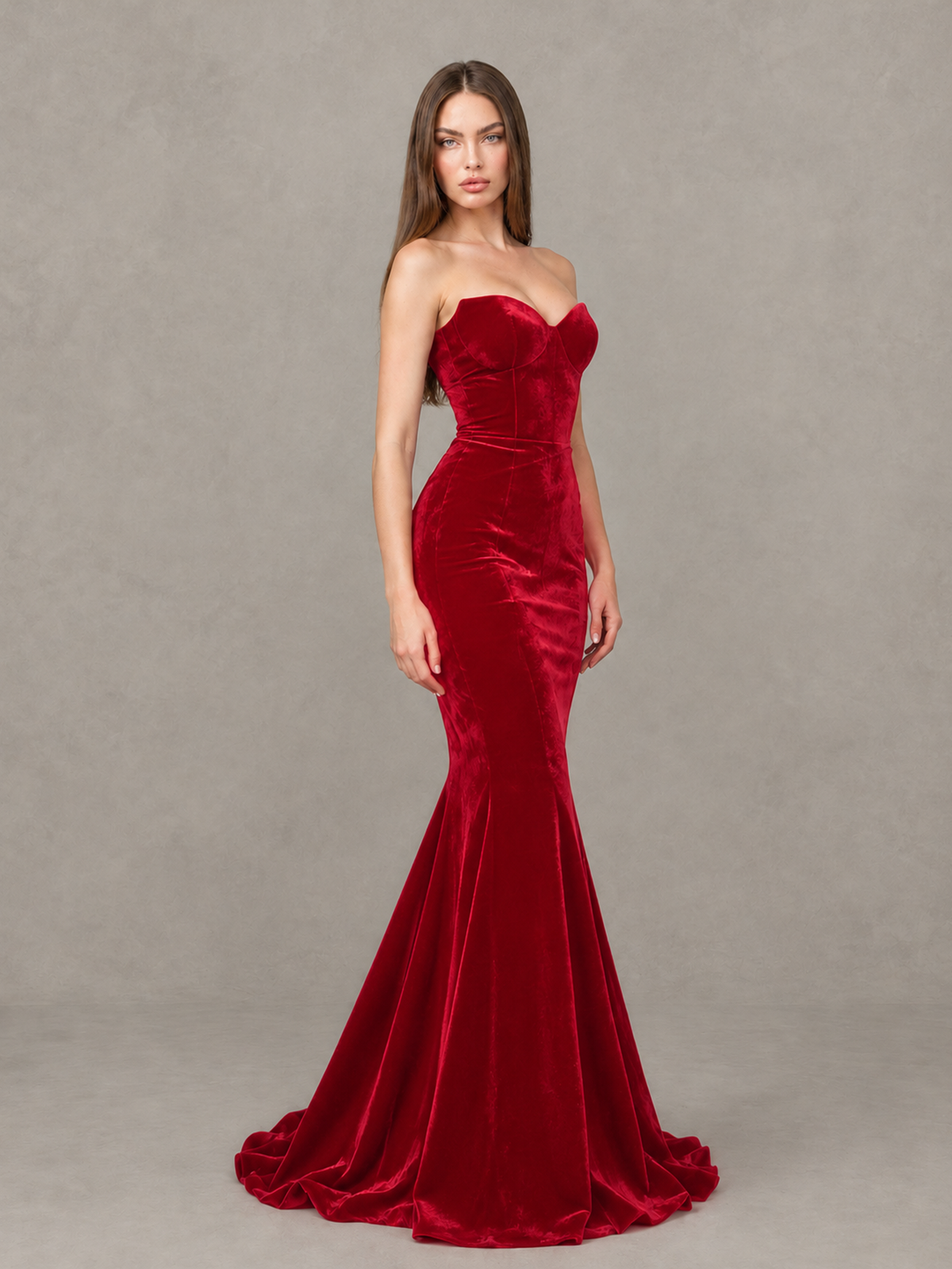 BOLODOO Red Strapless Sweetheart Velvet-Look Mermaid Evening Dress - Red - Red_4