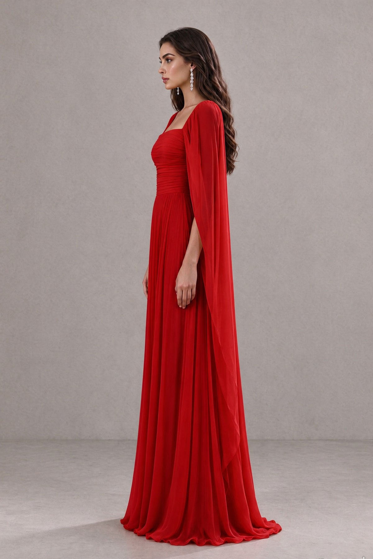 BOLODOO Red Square Neck Cape Sleeve A-Line Evening Dress - Red - Red_4