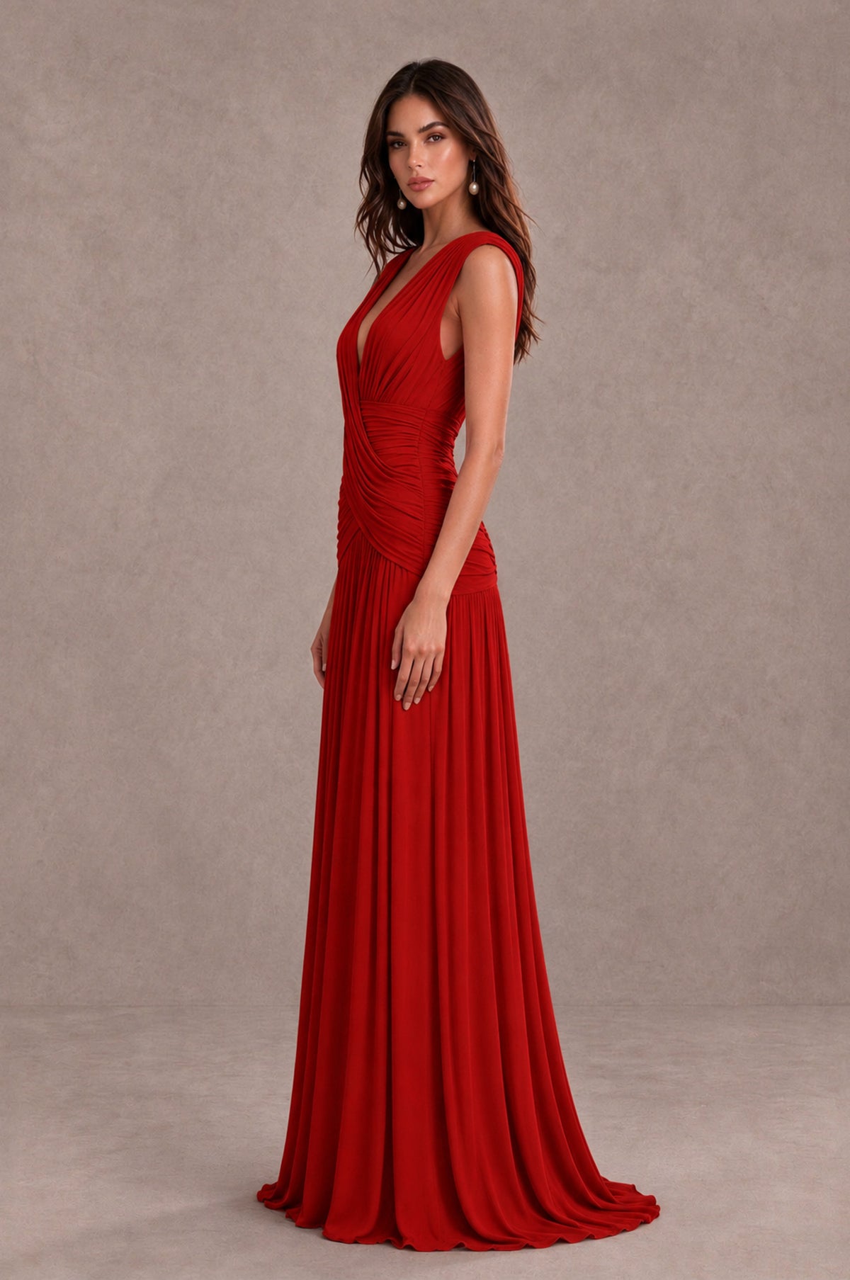 BOLODOO Red V-Neck Ruched Wedding Guest Dress - Red - Red_4