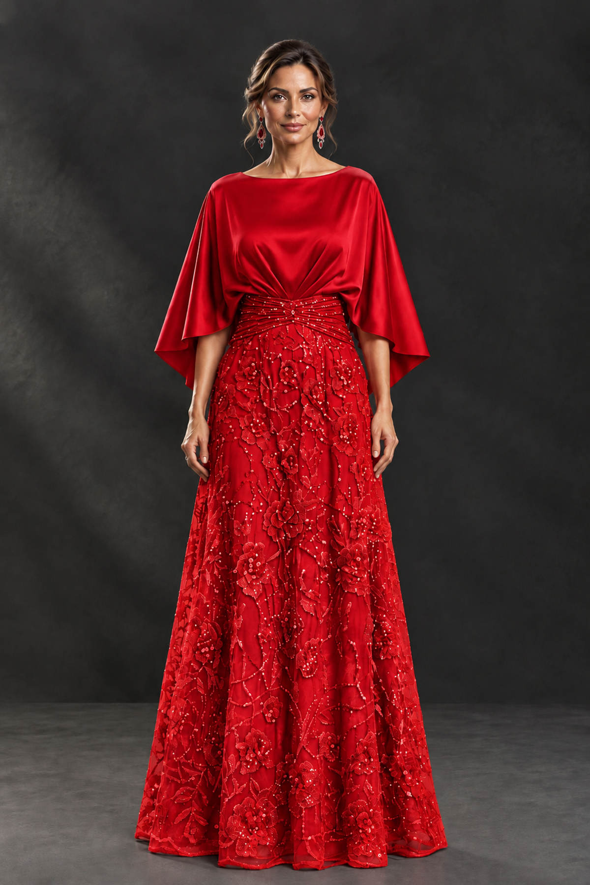 BOLODOO Red Cape Sleeve Floral Mother of the Bride Dress - Red - Red_4