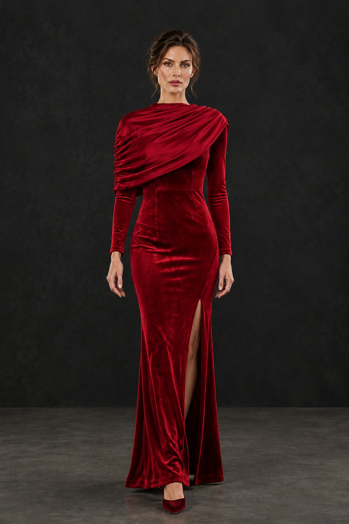 BOLODOO Red Velvet Long Sleeve Draped Mother of the Bride Dress - Red - Red_4