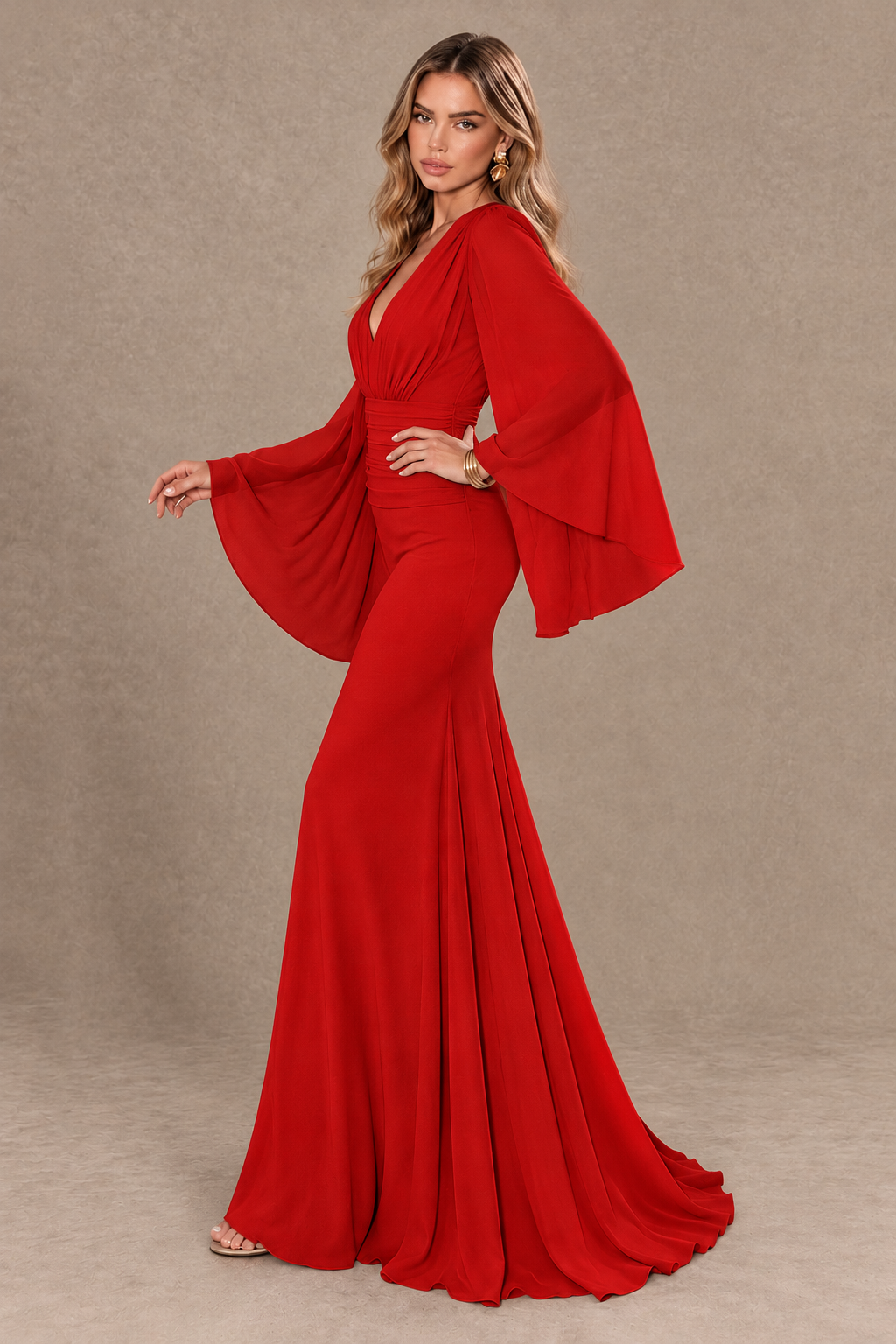 BOLODOO Red Cape Sleeve V-Neck Ruched Chiffon Evening Dress - Red - Red_4