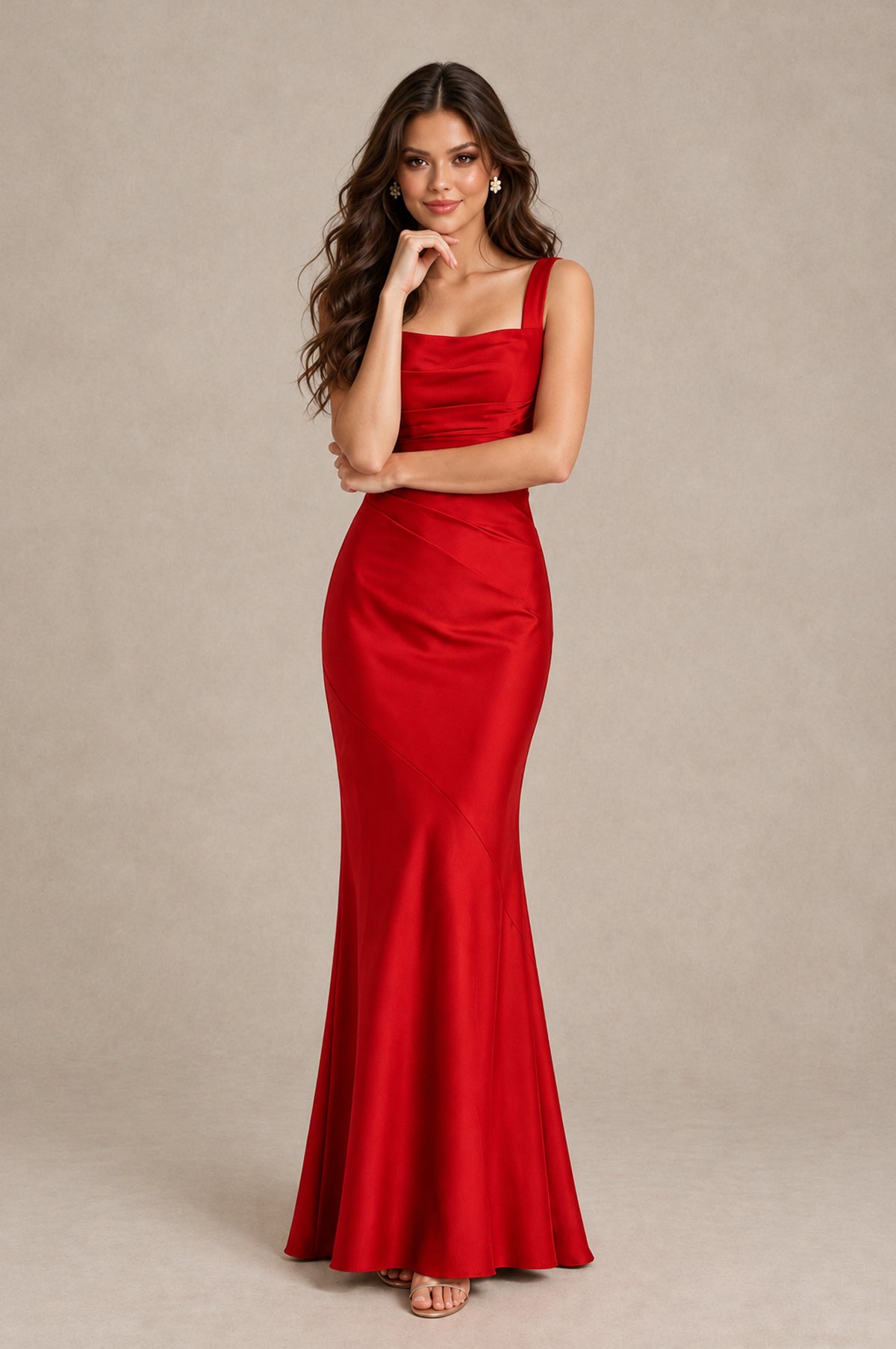 BOLODOO Red Square Neck Ruched Satin Lace-Up Bridesmaid Dress - Red - Red_4