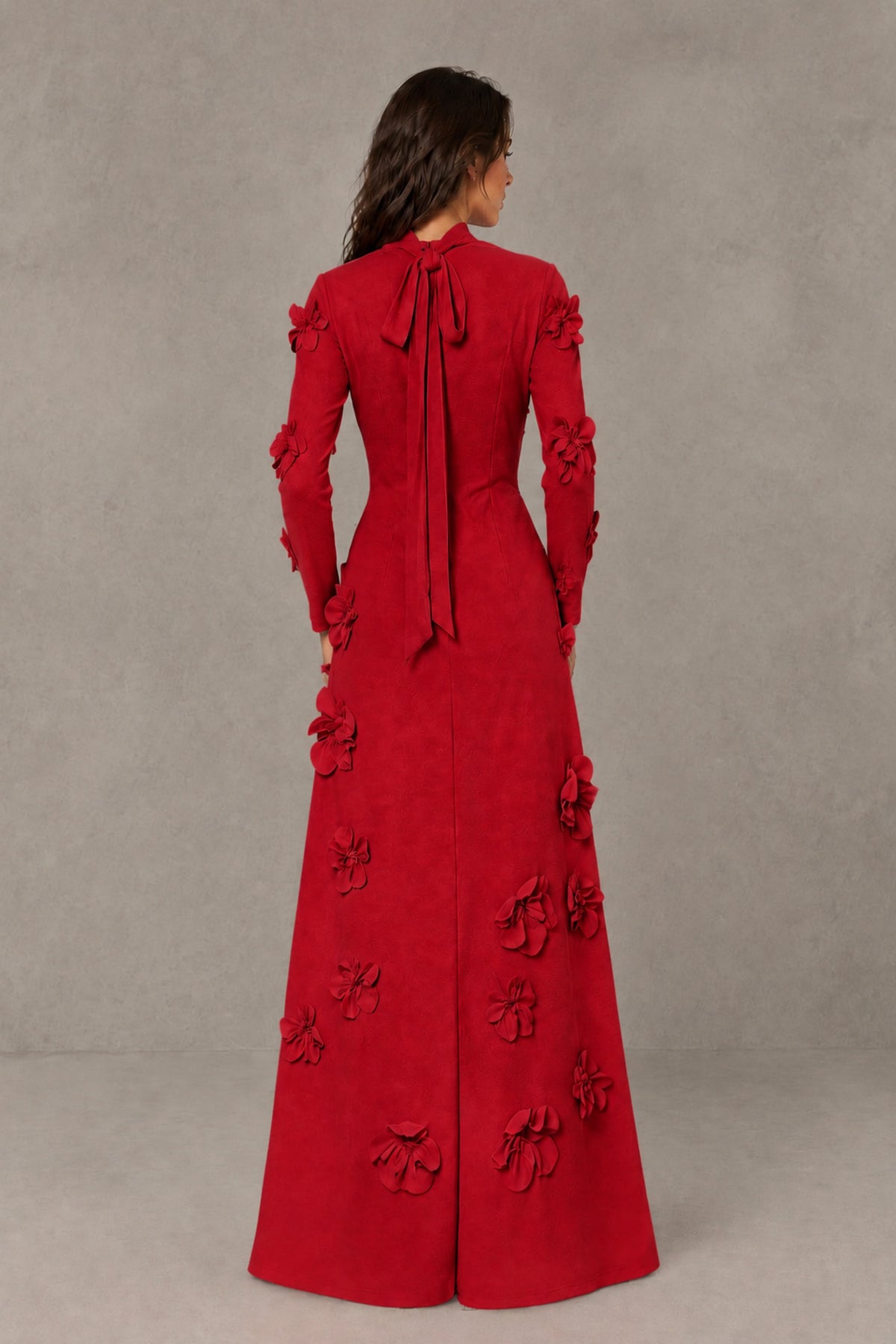 BOLODOO Red High Neck Long Sleeve 3D Floral Evening Gown - Red