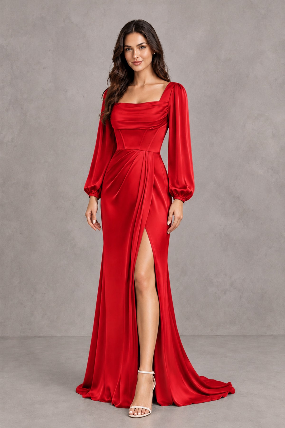 BOLODOO Red Satin-Look Long Sleeve Evening Dress with High Slit - Red - Red_4