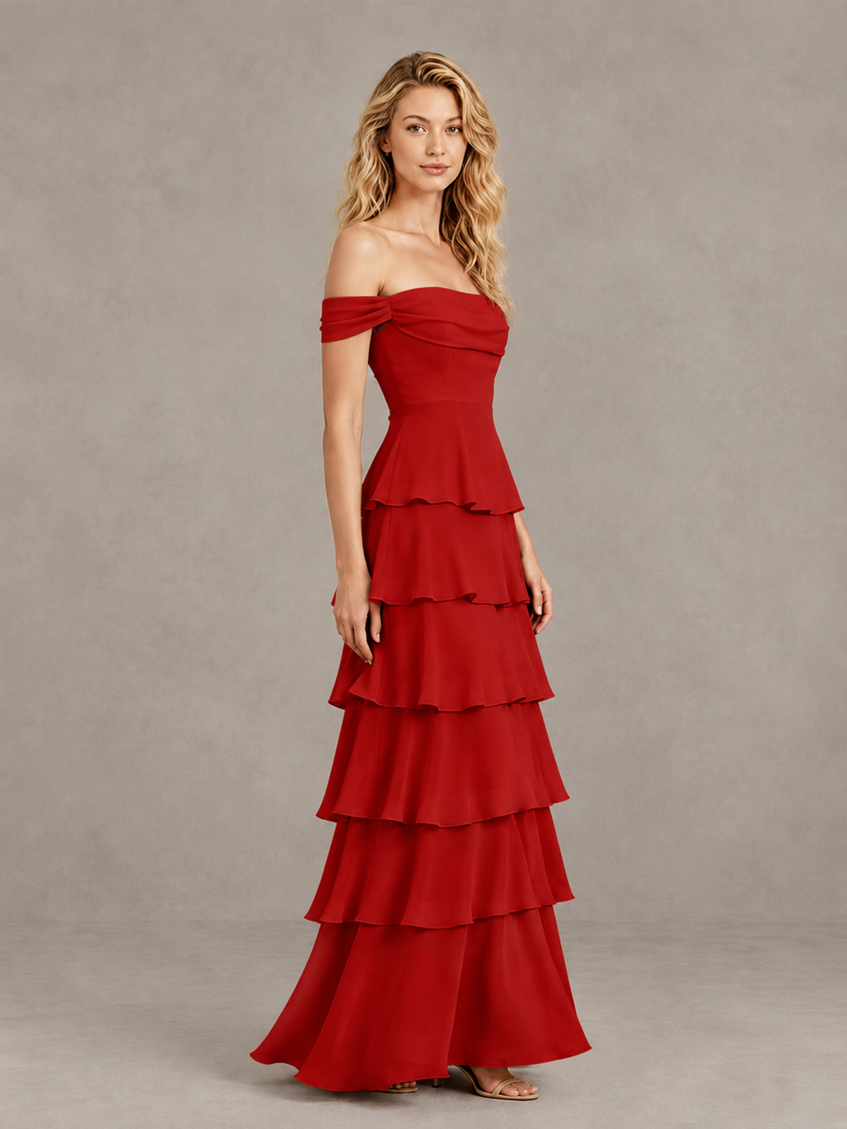 BOLODOO Red Off-Shoulder Tiered Ruffle Bridesmaid Dress with Lace-Up Back - Red - Red_4