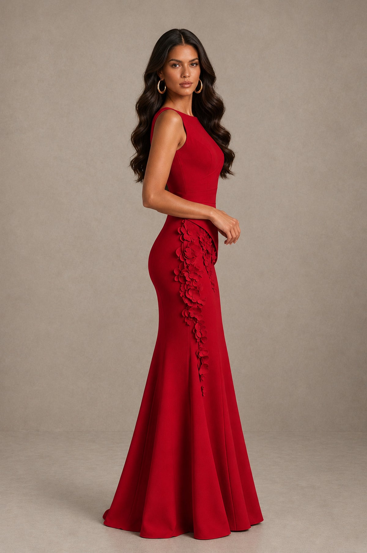 BOLODOO Red Bateau Neck Sleeveless Asymmetric Peplum 3D Petal Appliqué Mermaid Gown BD0421 - Red - Red_4