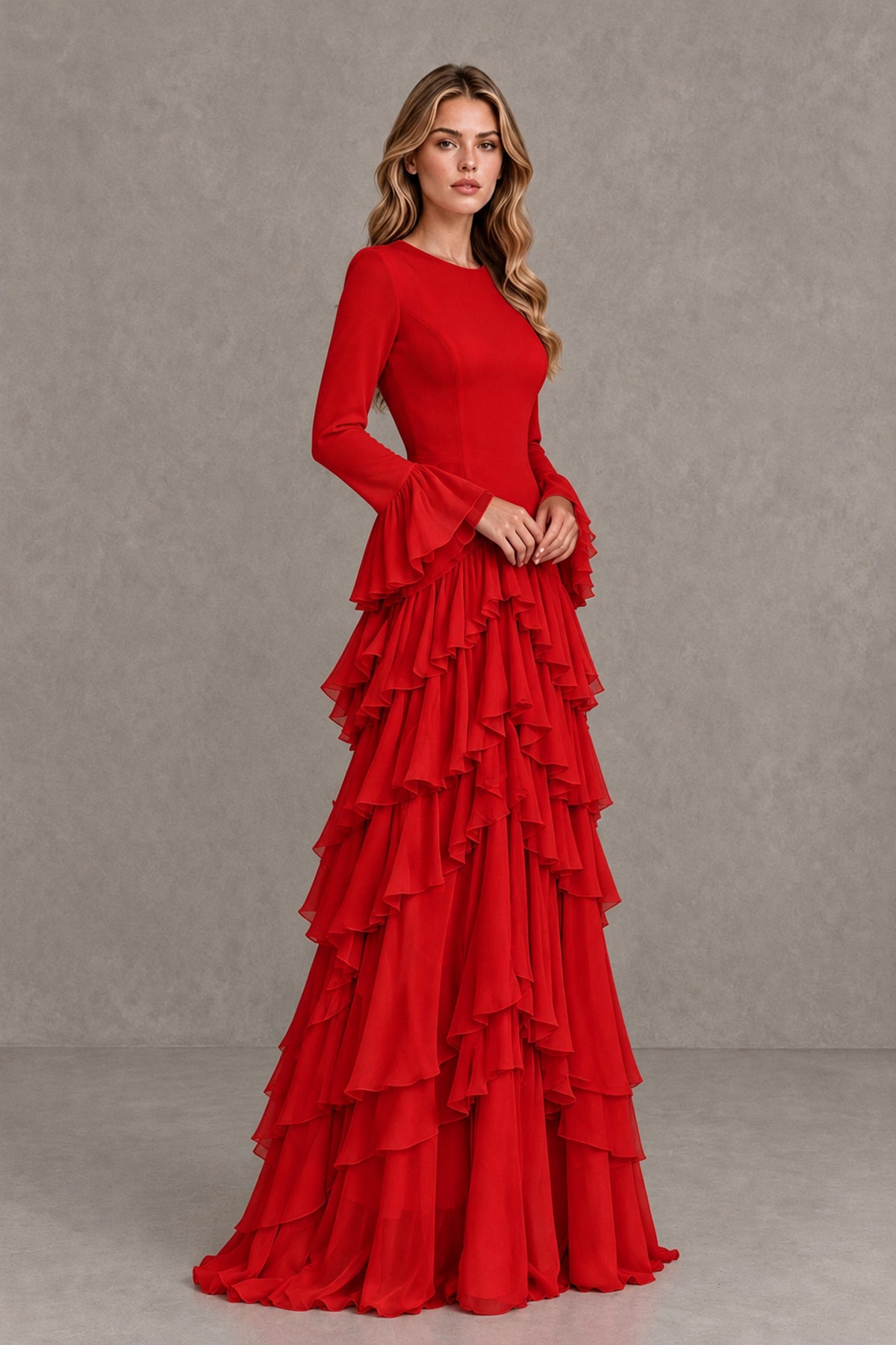 Red Long Sleeve Tiered Ruffle Evening Gown - Red - Red_4