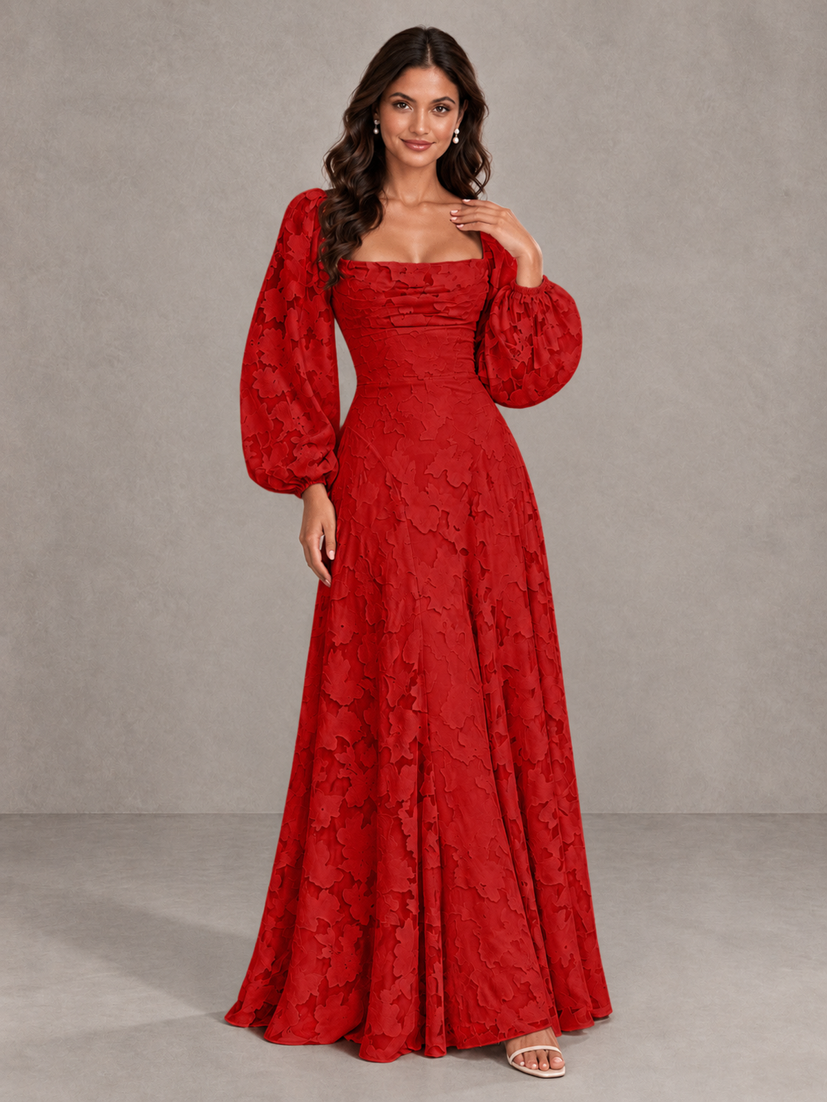 BOLODOO Red Floral Long Sleeve A-Line Bridesmaid Dress - Red - Red_4