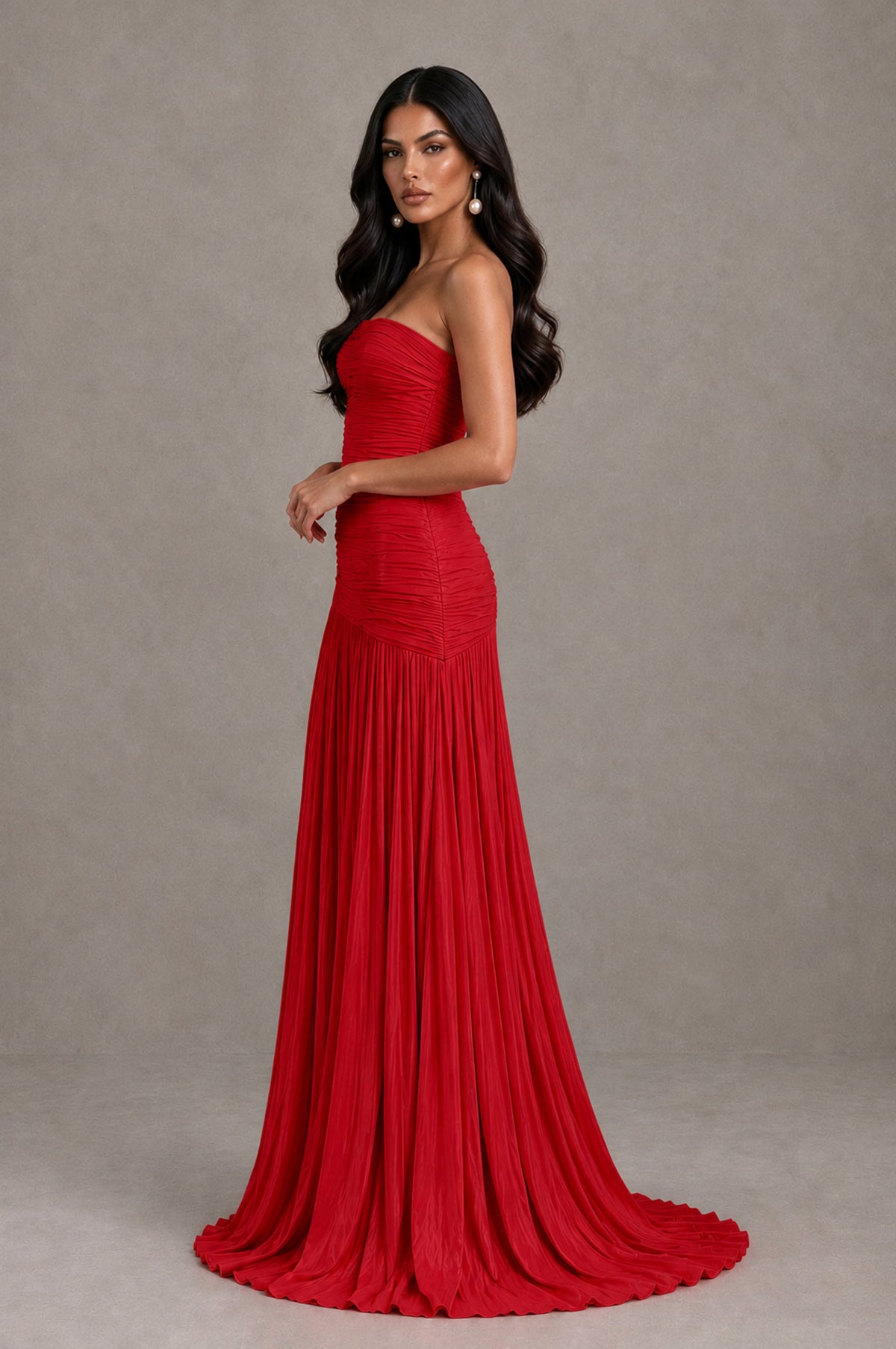 BOLODOO Red Metallic Ruched Strapless Pleated A-Line Backless Maxi Dress with Train - Red - Red_4