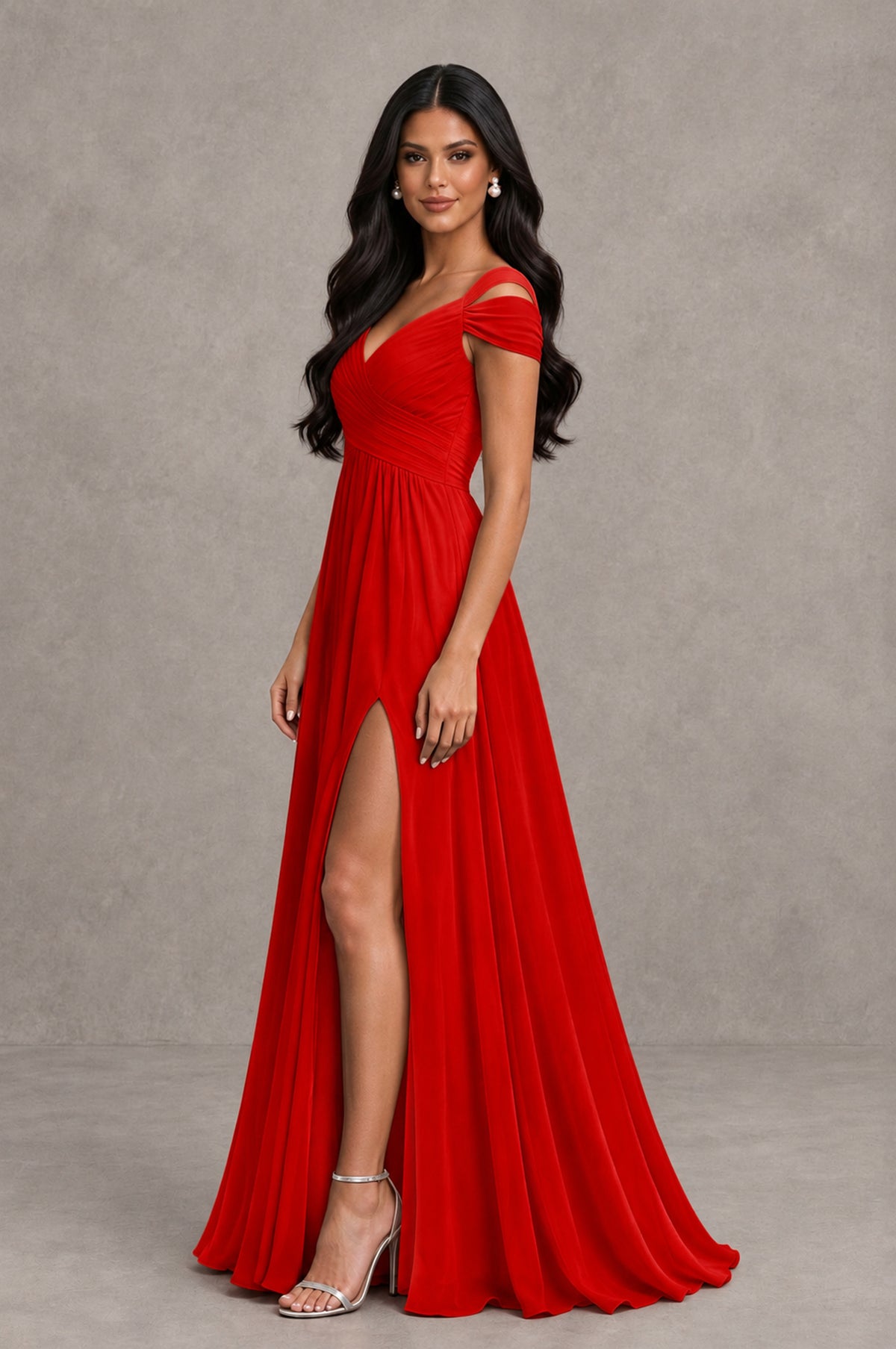 BOLODOO Red Cold Shoulder Chiffon Evening Dress with V Neck and High Slit - Red - Red_4