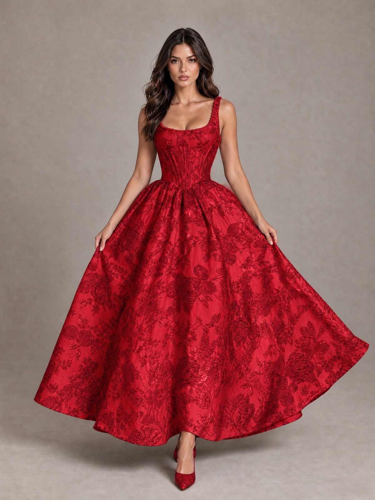 BOLODOO Red Floral Corset A-Line Prom Dress with Lace-Up Back - Red - Red_4