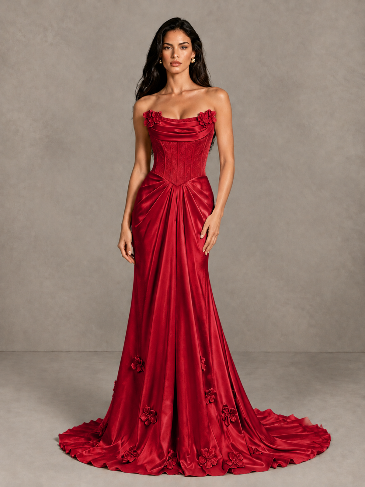 BOLODOO Red Strapless Floral Corset Evening Gown with Train - Red - Red_4