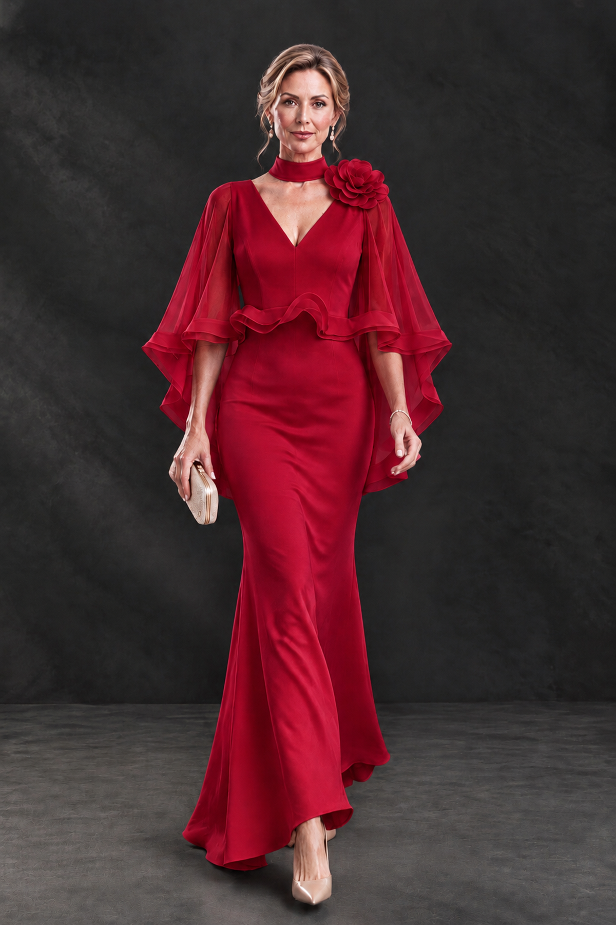 BOLODOO Red Floral Cape Sleeve Mother of the Bride Dress - Red - Red_4