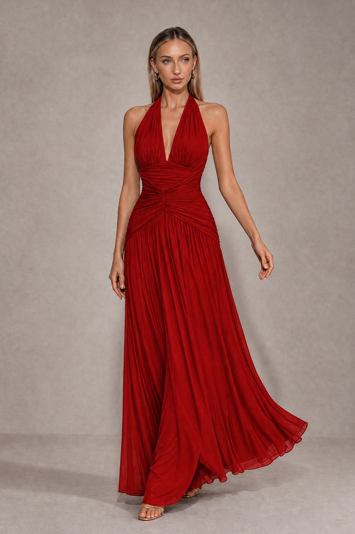 BOLODOO Red Chiffon Halter Deep V-Neck Ruched A-Line Backless Maxi Dress with Train-BD0167 - Red - Red_4