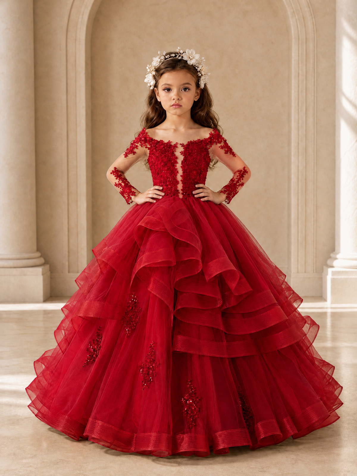 BOLODOO Red Lace Long Sleeve Tiered Flower Girl Dress - Red - Red_4