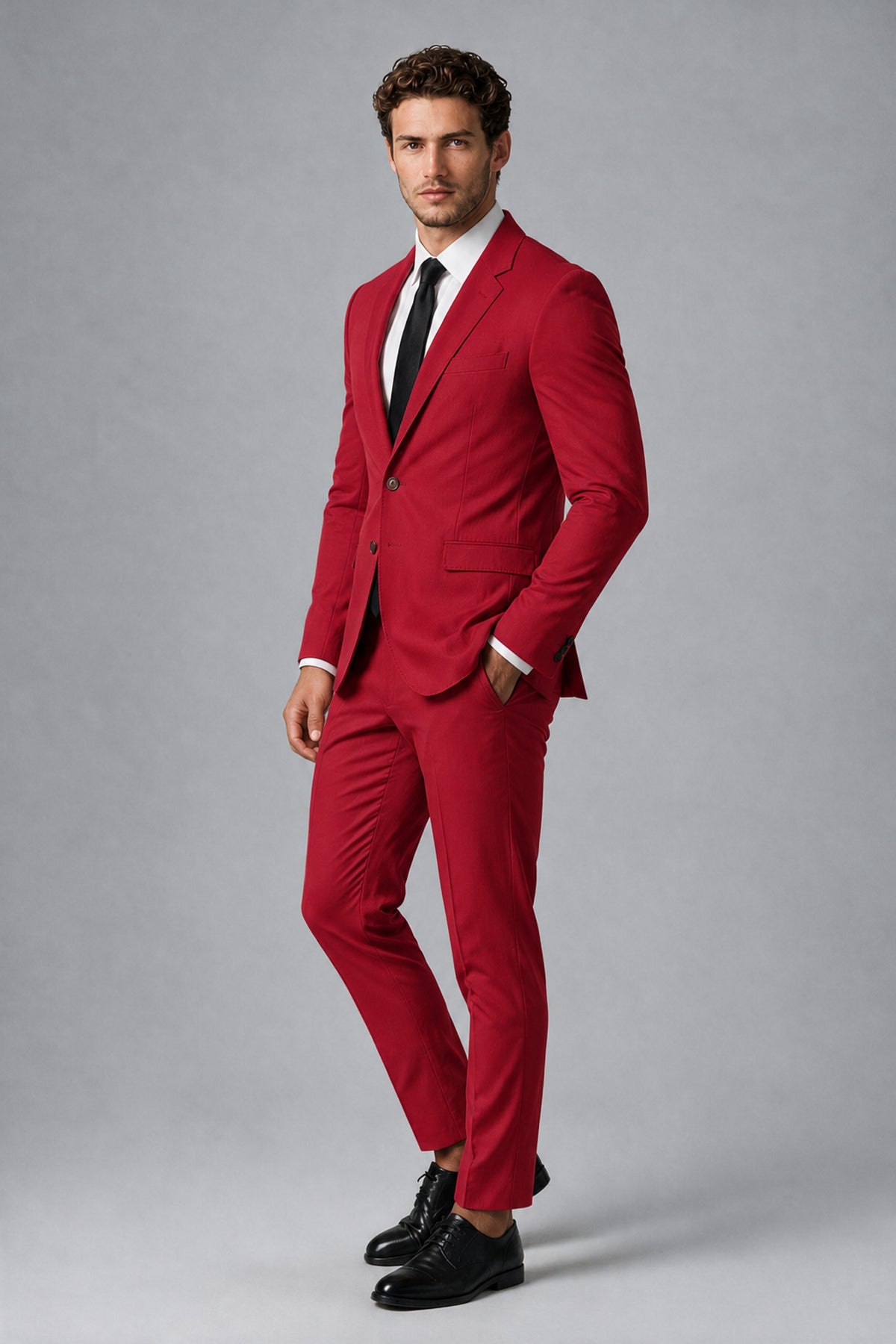 Bolodoo Men's Red Two-Piece Suit with Notch-Lapel Jacket & Trousers - Red - Red_4