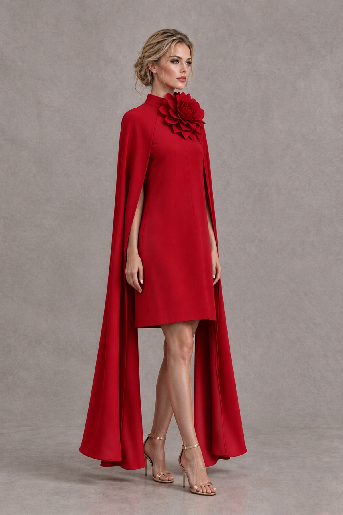 BOLODOO Red High Neck Floral Cape Mini Cocktail Dress - Red - Red_4