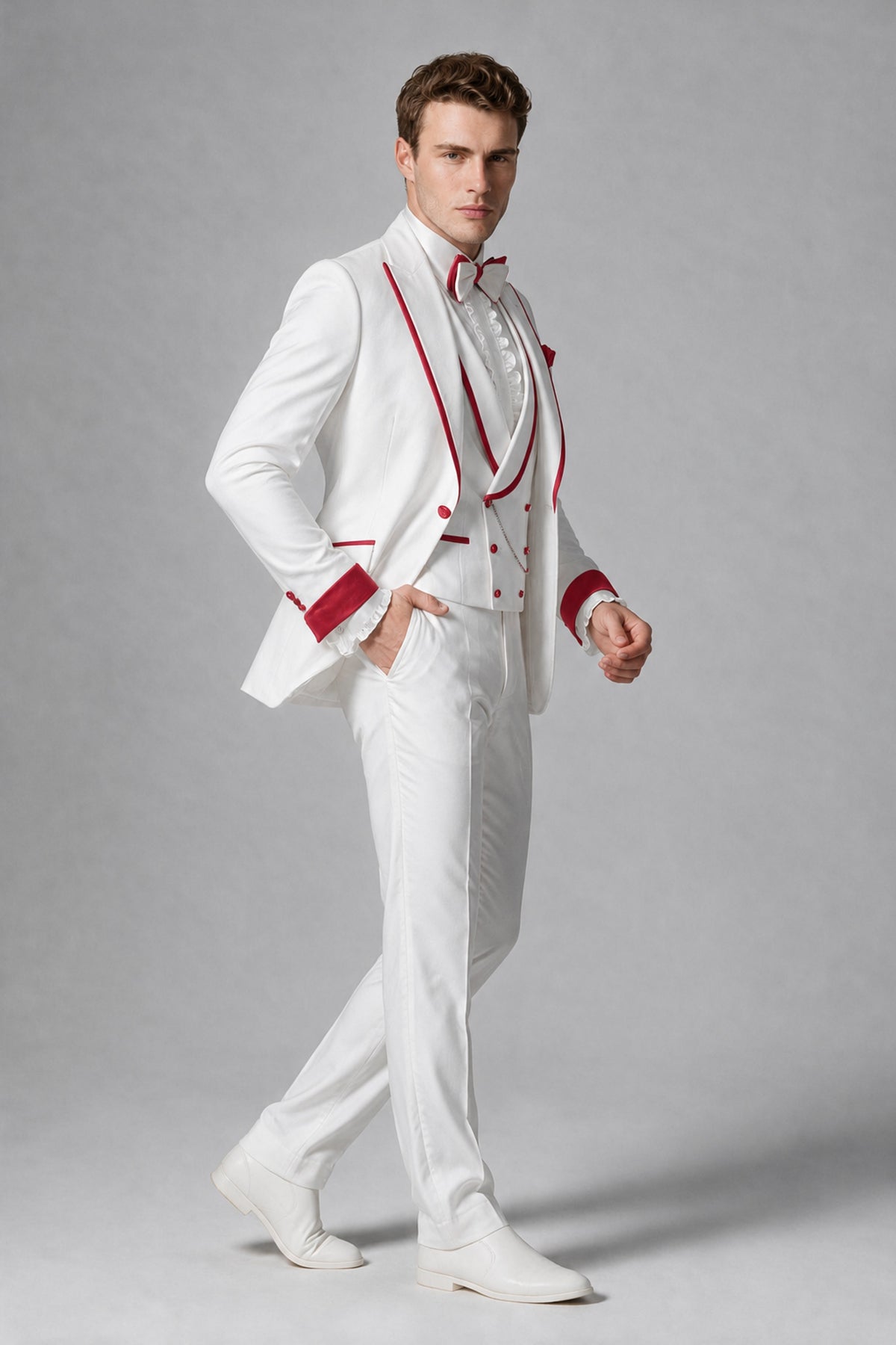Bolodoo Men's White and Red Three-Piece Wedding Tuxedo Suit - Red - Red_4