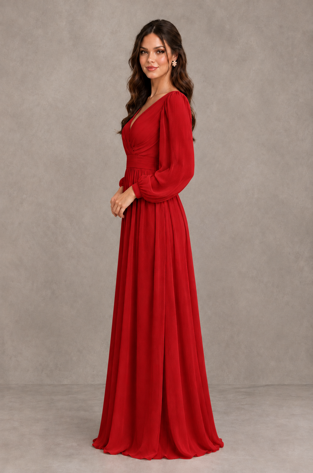 BOLODOO Red Long Sleeve V-Neck A-Line Bridesmaid Dress - Red - Red_4