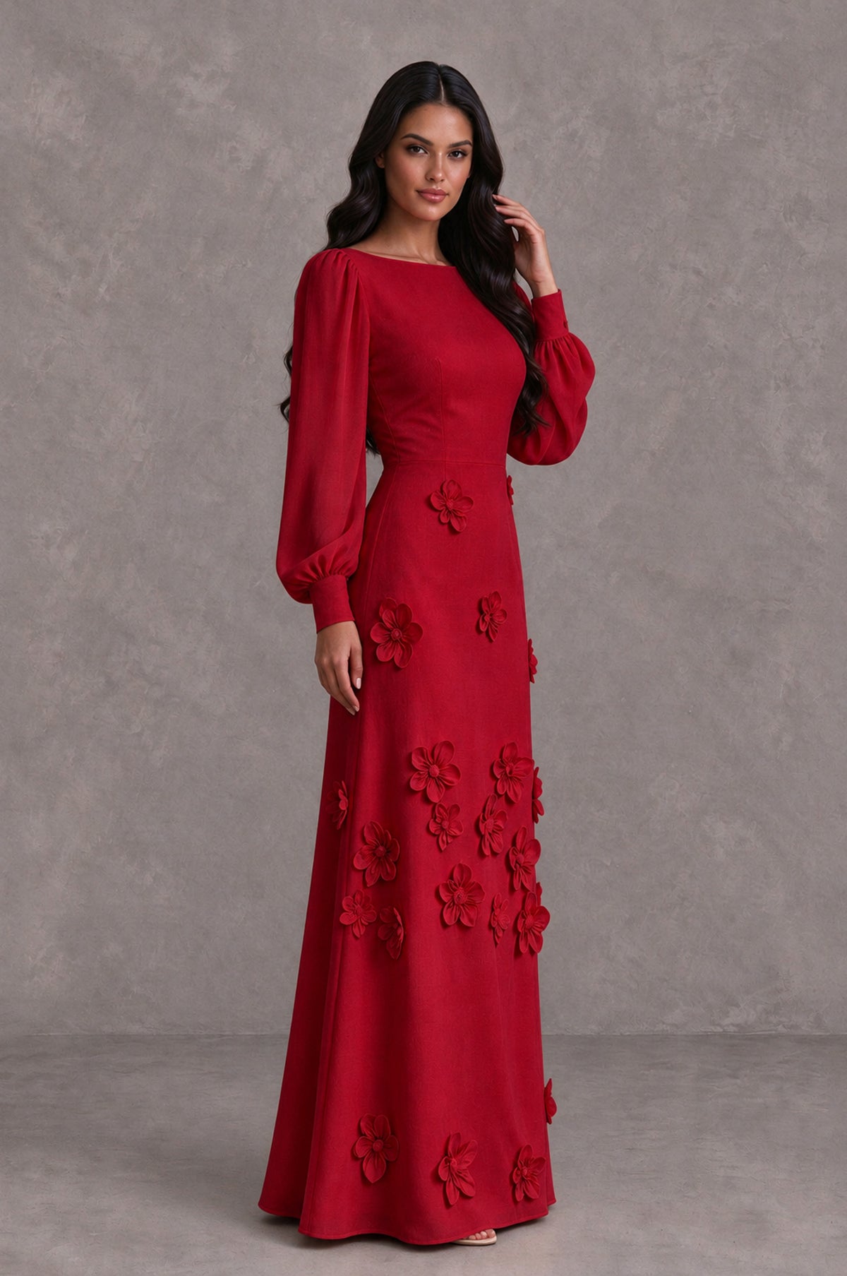 BOLODOO Red Long Sleeve Floral Applique A-Line Evening Dress - Red - Red_4
