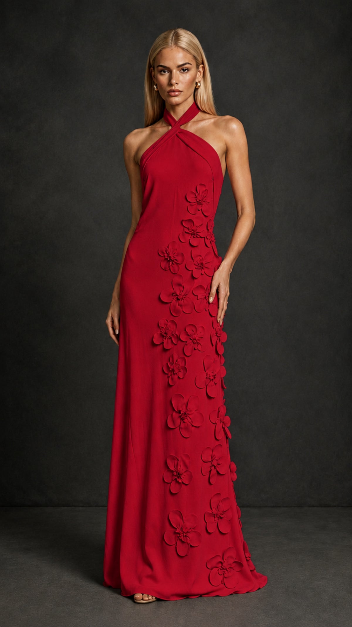 BOLODOO Red Cross Halter Neck 3D Floral Appliqué Backless Mermaid Maxi Gown - Red