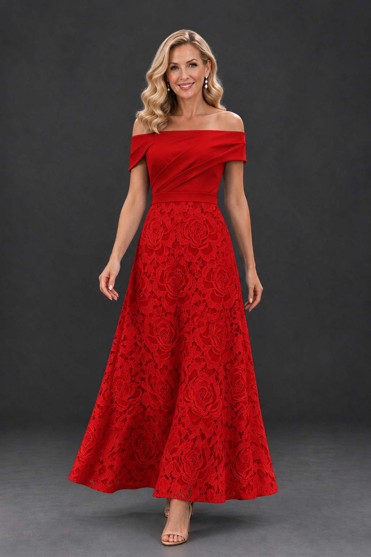 BOLODOO Red Off-the-Shoulder Floral A-Line Mother of the Bride Dress - Red - Red_4
