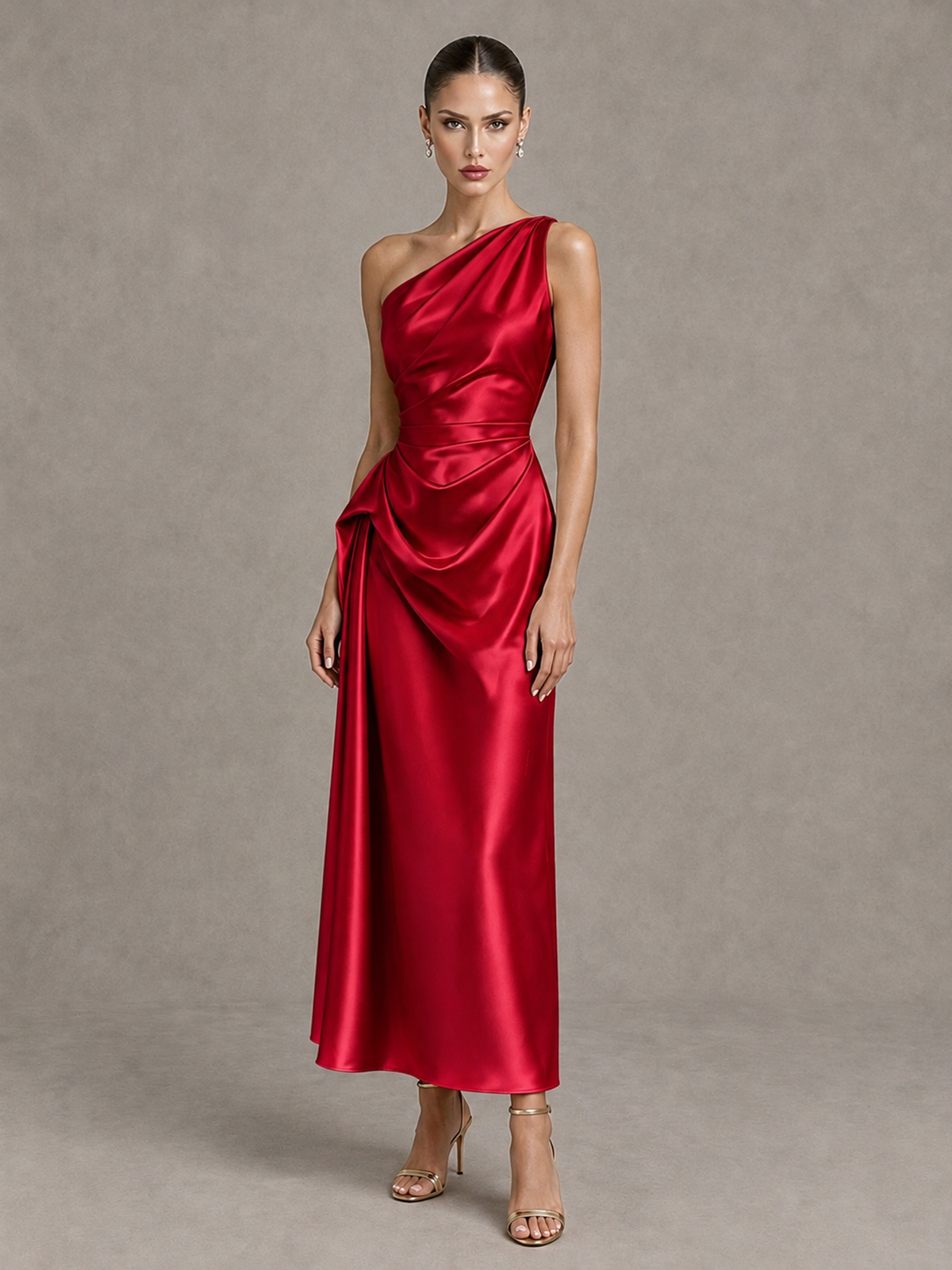BOLODOO Red One Shoulder Satin Cocktail Dress with Draped A-Line Skirt - Red - Red_4