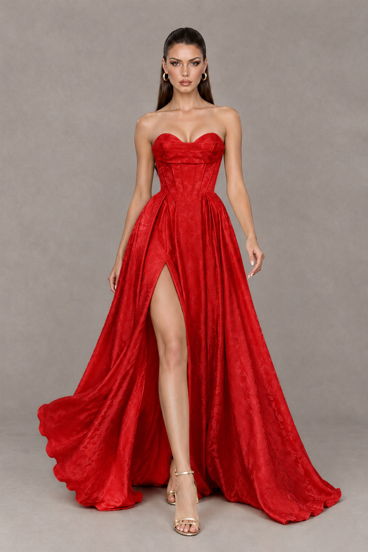 BOLODOO Red Strapless Sweetheart Corset Prom Dress with High Slit – Lace-Up Back A-Line Evening Gown - Red - Red_4