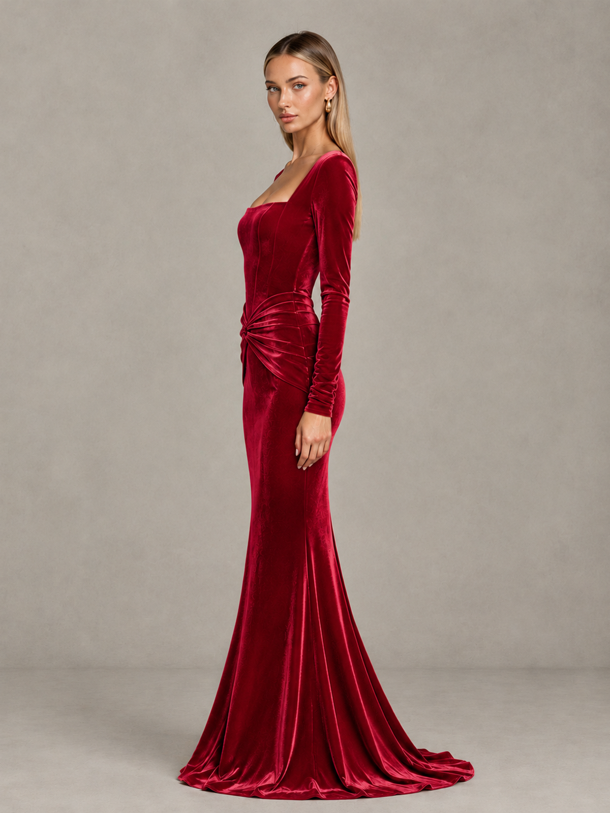 BOLODOO Red Velvet-Look Square Neck Long Sleeve Mermaid Evening Dress - Red - Red_4