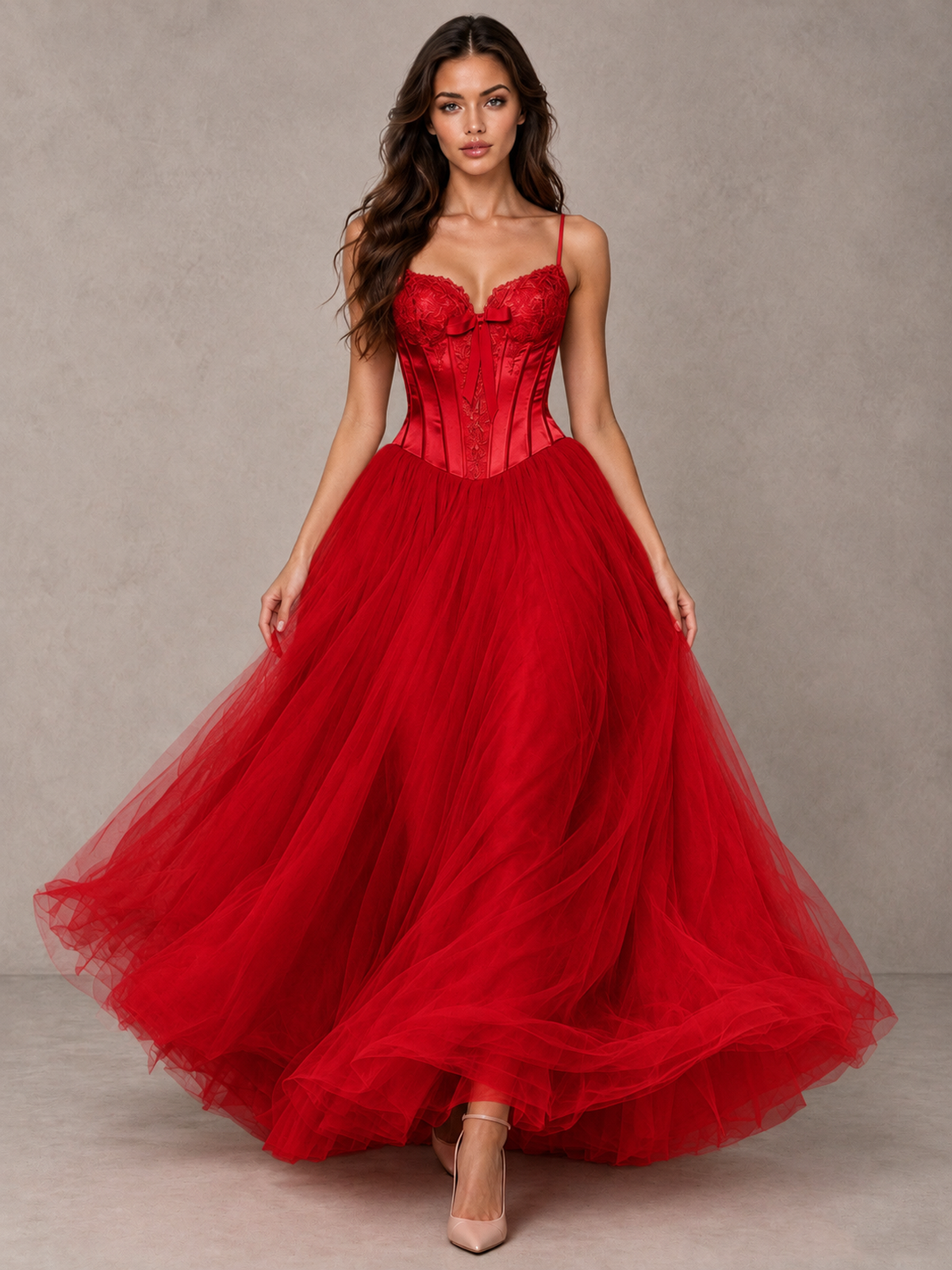 BOLODOO Red Corset Tulle Prom Dress with Spaghetti Straps - Red - Red_4