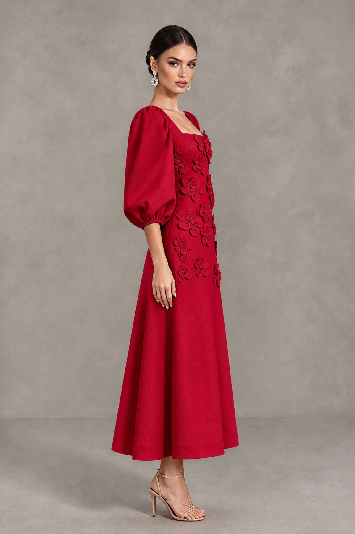 BOLODOO Red 3D Floral Puff Sleeve Midi Cocktail Dress - Red - Red_4
