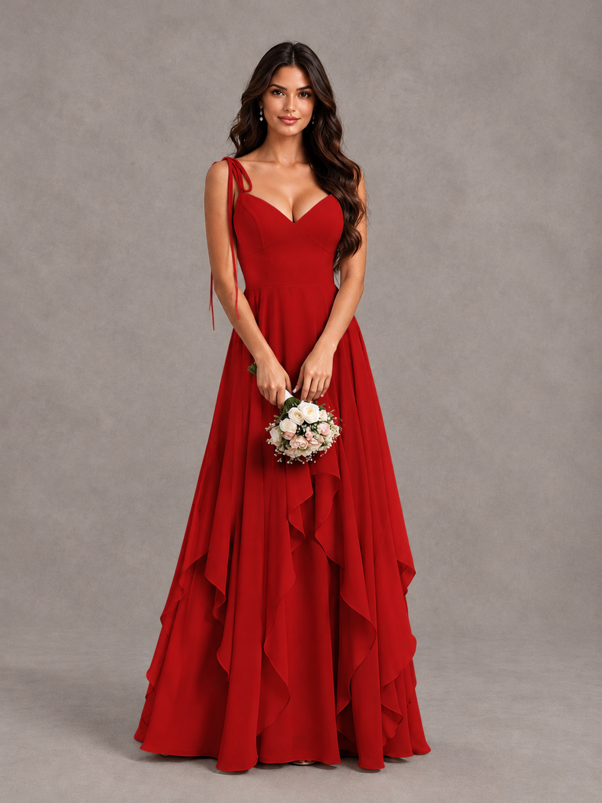 BOLODOO Red Tie-Strap Ruffle A-Line Bridesmaid Dress - Red - Red_4