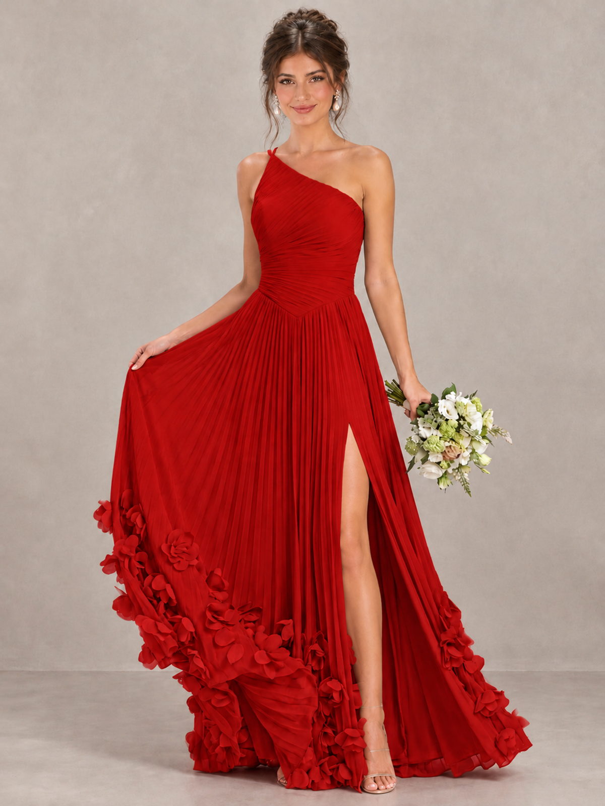 BOLODOO Red One-Shoulder Pleated Bridesmaid Dress with 3D Floral Hem - Red - Red_4