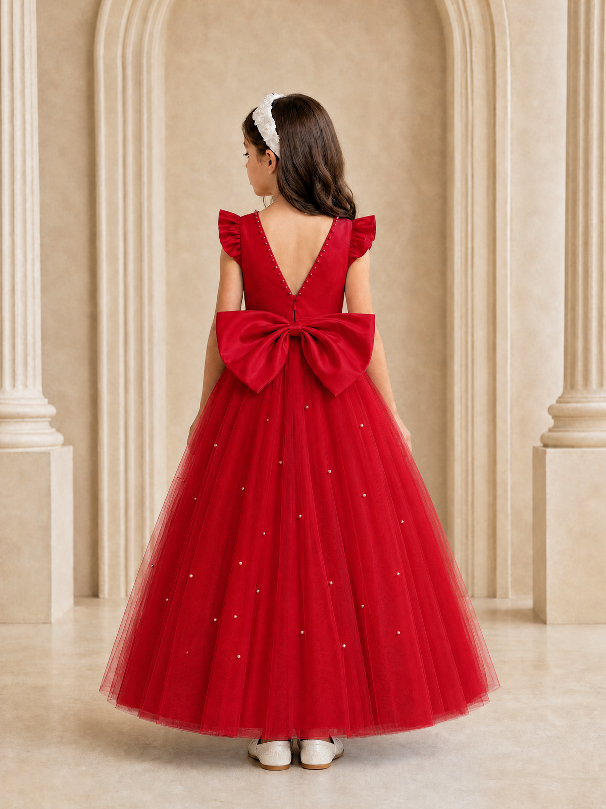 BOLODOO Red Tulle Flower Girl Dress with Ruffle Sleeves & Bow Back - Red - Red_4